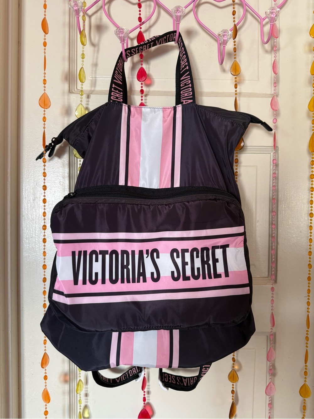 Victoria’s Secret 2019 Black Pink Stripe Logo Backpack Travel Bag